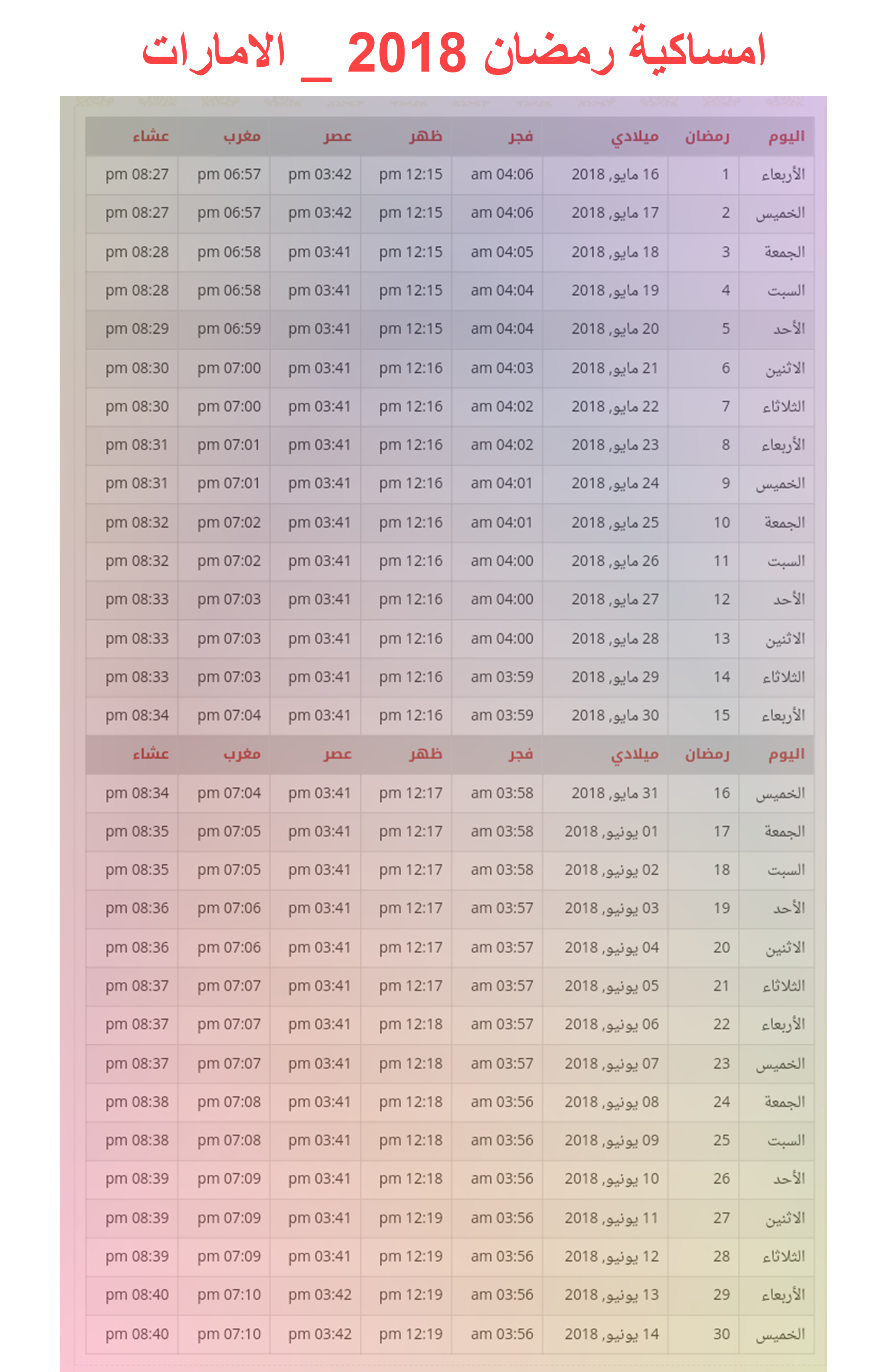 امساكية رمضان 2018 الامارات