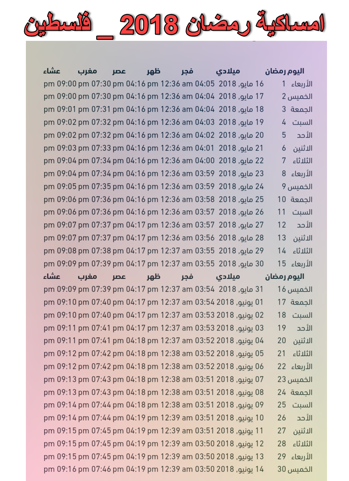 امساكية رمضان 2018 فلسطين