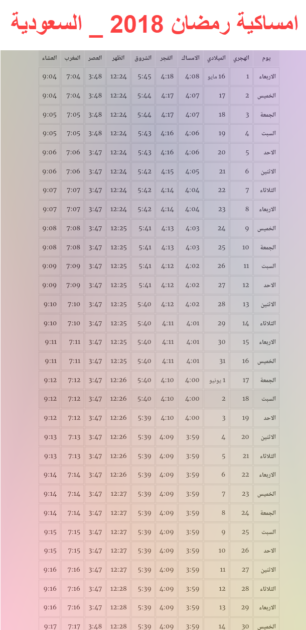 امساكية رمضان و مواعيد الصلاة في الرياض