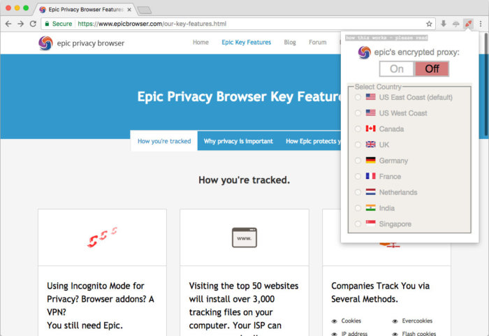 بروكسي جاهز ضمن متصفح Epic Privacy Browser
